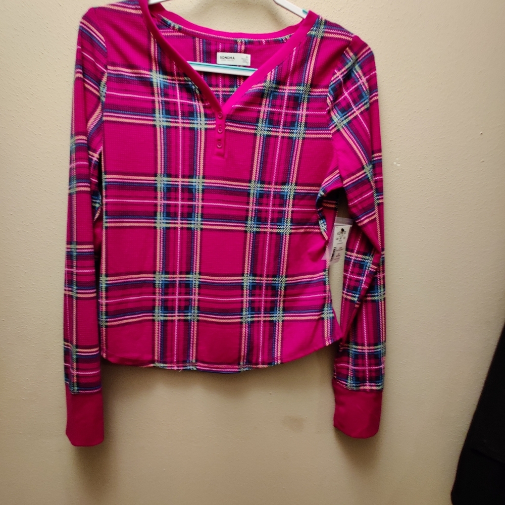 Pink Plaid Long Sleeve Waffle Material Pajama / Lounge Top Size medium